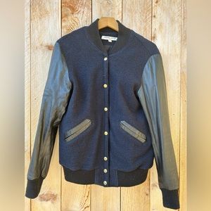 Valentine Gauthier Women’s black leather and navy wool modern letterman jacket